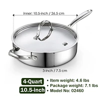 Cooks Standard Multi-Ply Clad Stainless Steel Saute Pan 10.5 Inch, 4 Quart Deep Frying Pan Skillet with Lid, Induction Cookware, Stay-Cool Handle