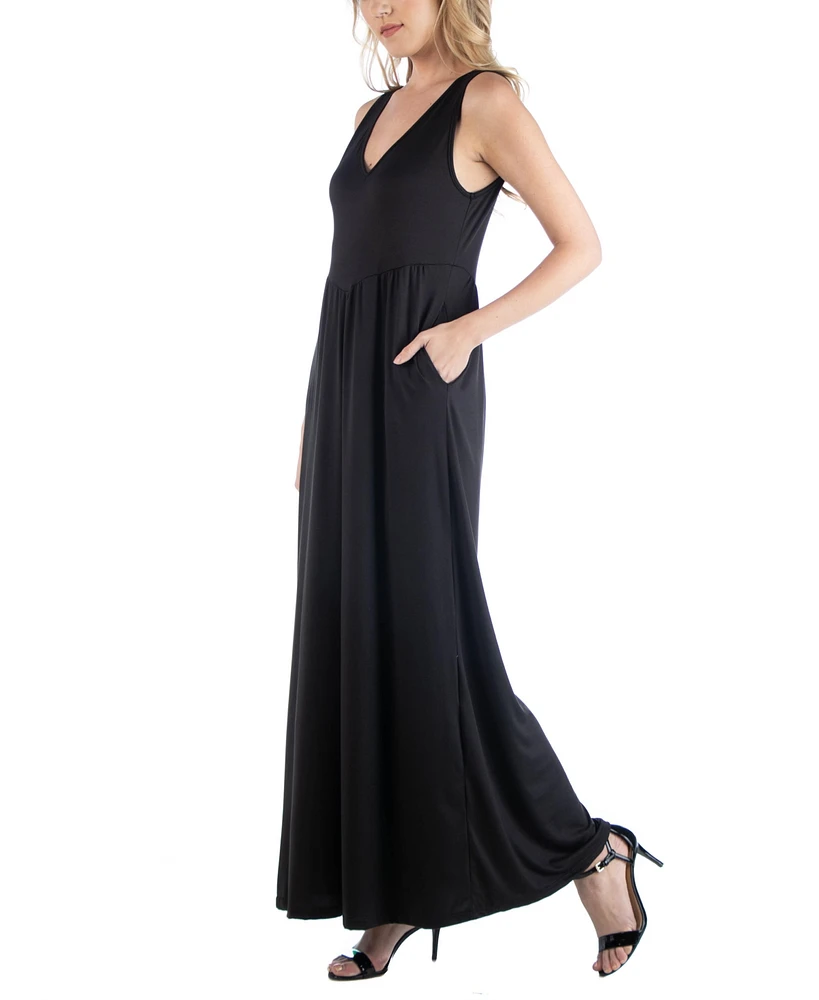 24seven Comfort Apparel Women's Sleeveless V-Neck Maxi Dress with Pocket Detail
