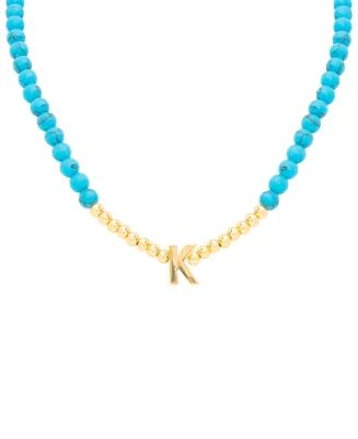 Reconstituted Turquoise & Polished Gold Bead Initial 18" Pendant Necklace in 14k Gold-Plated Sterling Silver