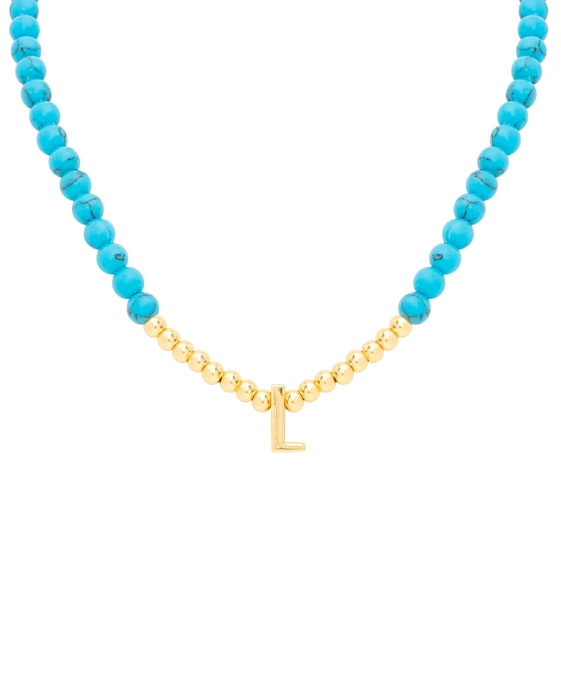 Reconstituted Turquoise & Polished Gold Bead Initial 18" Pendant Necklace in 14k Gold-Plated Sterling Silver