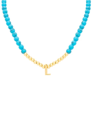 Reconstituted Turquoise & Polished Gold Bead Initial 18" Pendant Necklace in 14k Gold-Plated Sterling Silver