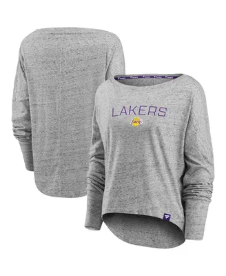 Women's Fanatics Heathered Gray Los Angeles Lakers Nostalgia Off-The-Shoulder Long Sleeve T-shirt