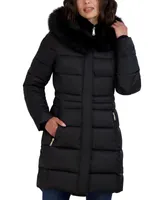 Tahari Womens Velvet Bibbed Faux-Fur Hooded Puffer Coat