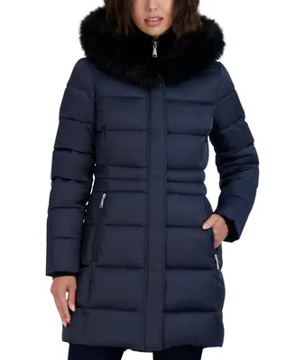 Tahari Womens Velvet Bibbed Faux-Fur Hooded Puffer Coat