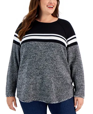 Karen Scott Plus Size Curved Hem Striped-Yoke Sweater, Created for Macy's