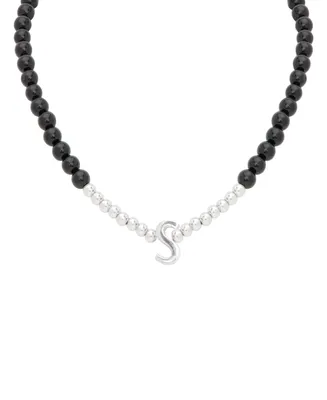 Onyx Bead Initial 18" Pendant Necklace in Sterling Silver