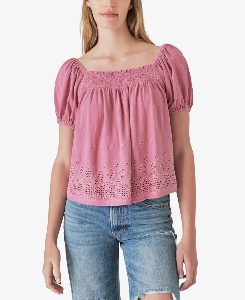 Lucky Brand womens Short Sleeve Square Neck Lace Mix Peasant Top Shirt -  ShopStyle