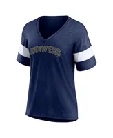 Women's Fanatics Heathered Navy Milwaukee Brewers Wordmark V-Neck Tri-Blend T-shirt