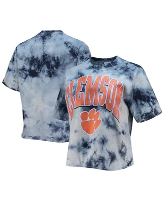 Women's '47 White and Navy Clemson Tigers Vintage-Like Tubular Tie-Dye Crop T-shirt