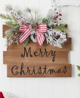 Holiday Merry Christmas Door Wall Hanger with Pine and Berries Stripped Bow Wall Art Decor, 20"