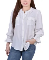 Petite Long Sleeve Y-Neck Blouse