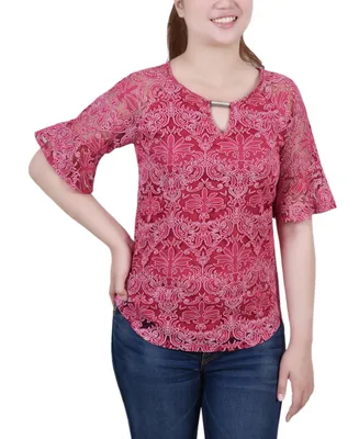 Petite Short Bell Sleeve Lace Blouse