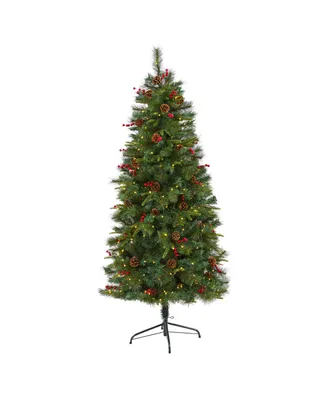 Mixed Pine Artificial Christmas Tree with Lights, Pinecones and Berries, 72"