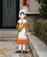 Glitzhome Metal Thanksgiving Pilgrim Girl Yard Stake, Standing Decor or Hanging Decor, 36"