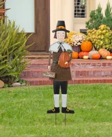 Glitzhome Metal Thanksgiving Pilgrim Boy Yard Stake, Standing Decor or Hanging Decor, 36"