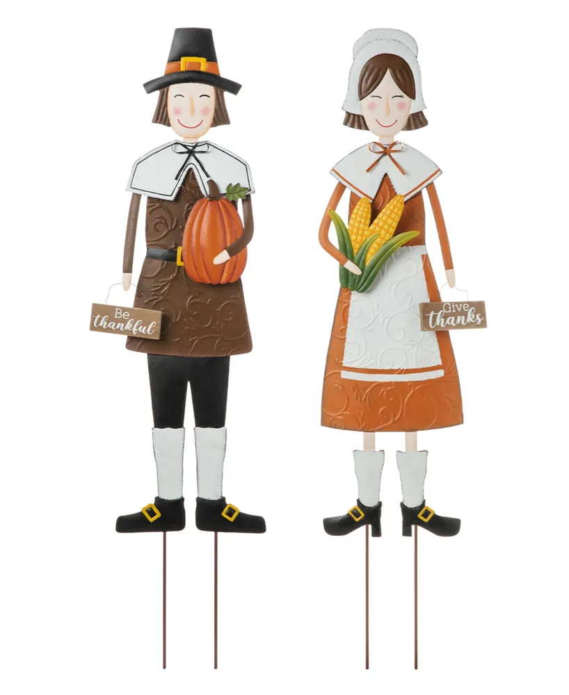 Glitzhome Metal Thanksgiving Pilgrim Yard Stake, Standing Decor or Hanging Decor Set, 2 Piece