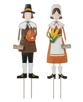 Glitzhome Metal Thanksgiving Pilgrim Yard Stake, Standing Decor or Hanging Decor Set, 2 Piece