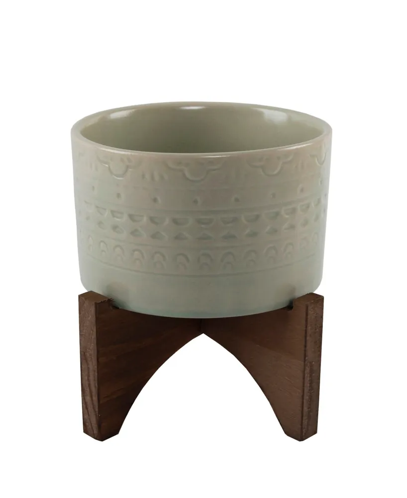 Flora Bunda Mayan Ceramic Planter on Wood Stand, 6.25"