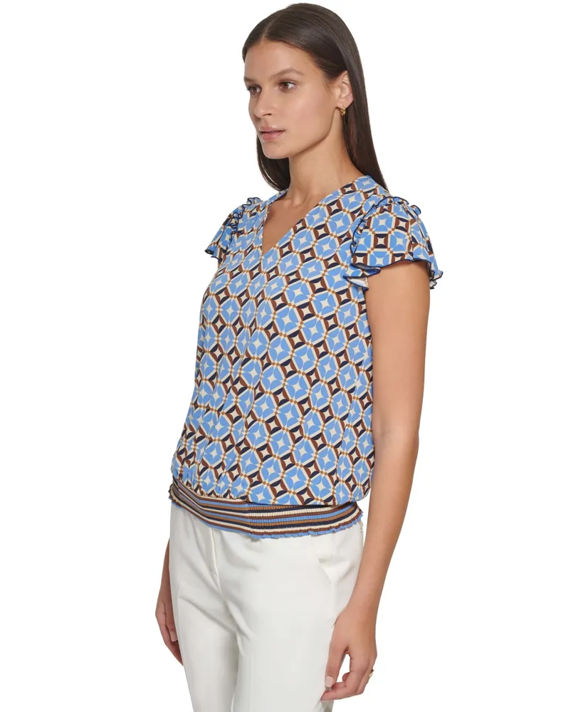 Tommy Hilfiger Women's Printed V-Neck Flutter-Sleeve Top