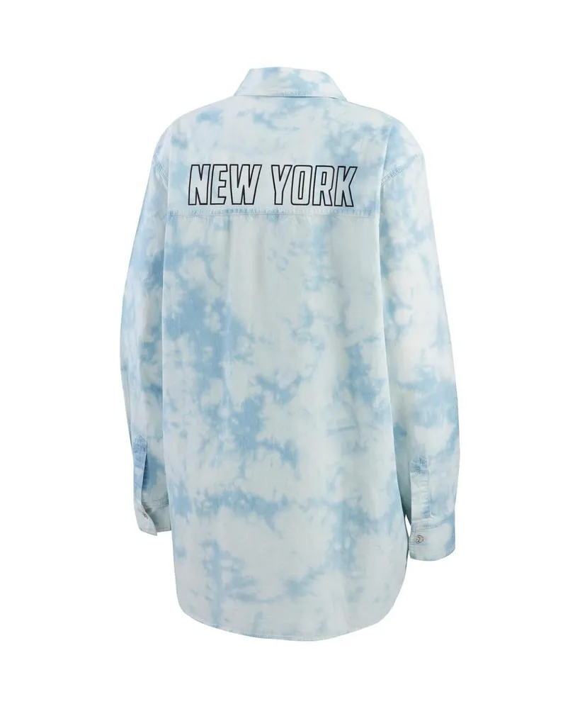 Women's Wear by Erin Andrews White New York Rangers Oversized Tie-Dye Button-Up Denim Shirt