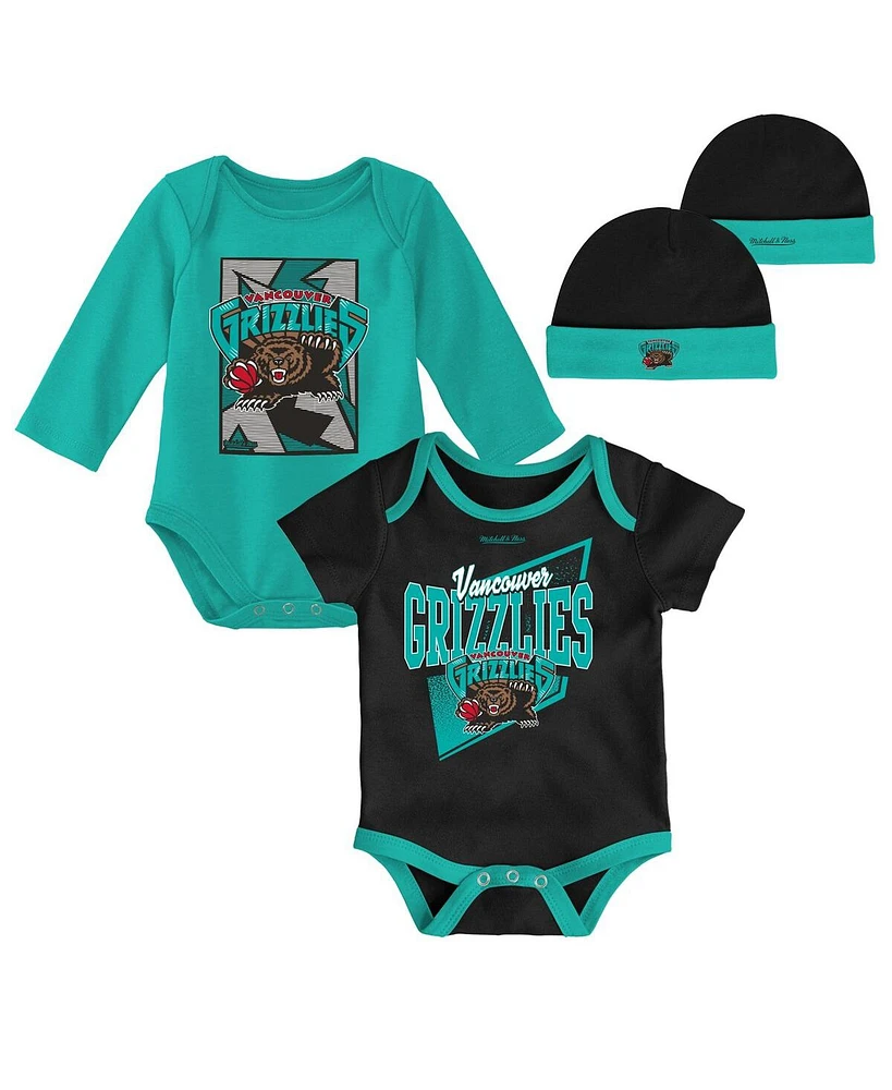 Infant Boys and Girls Mitchell & Ness Black, Turquoise Vancouver Grizzlies Hardwood Classics Bodysuits Cuffed Knit Hat Set