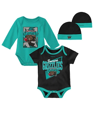 Infant Boys and Girls Mitchell & Ness Black, Turquoise Vancouver Grizzlies Hardwood Classics Bodysuits Cuffed Knit Hat Set