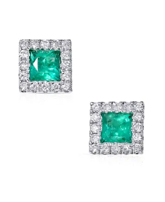 Emerald (1/2 ct. tw.) & Diamond (1/4 ct. t.w.) Square Halo Stud Earrings in 14k White Gold