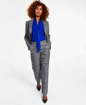 Kasper Womens Glen Plaid Two Button Blazer Sleeveless Bow Neck Top Glen Plaid Pull On Pants