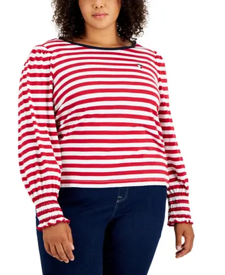 Tommy Hilfiger Plus Striped Smocked-Cuff Top