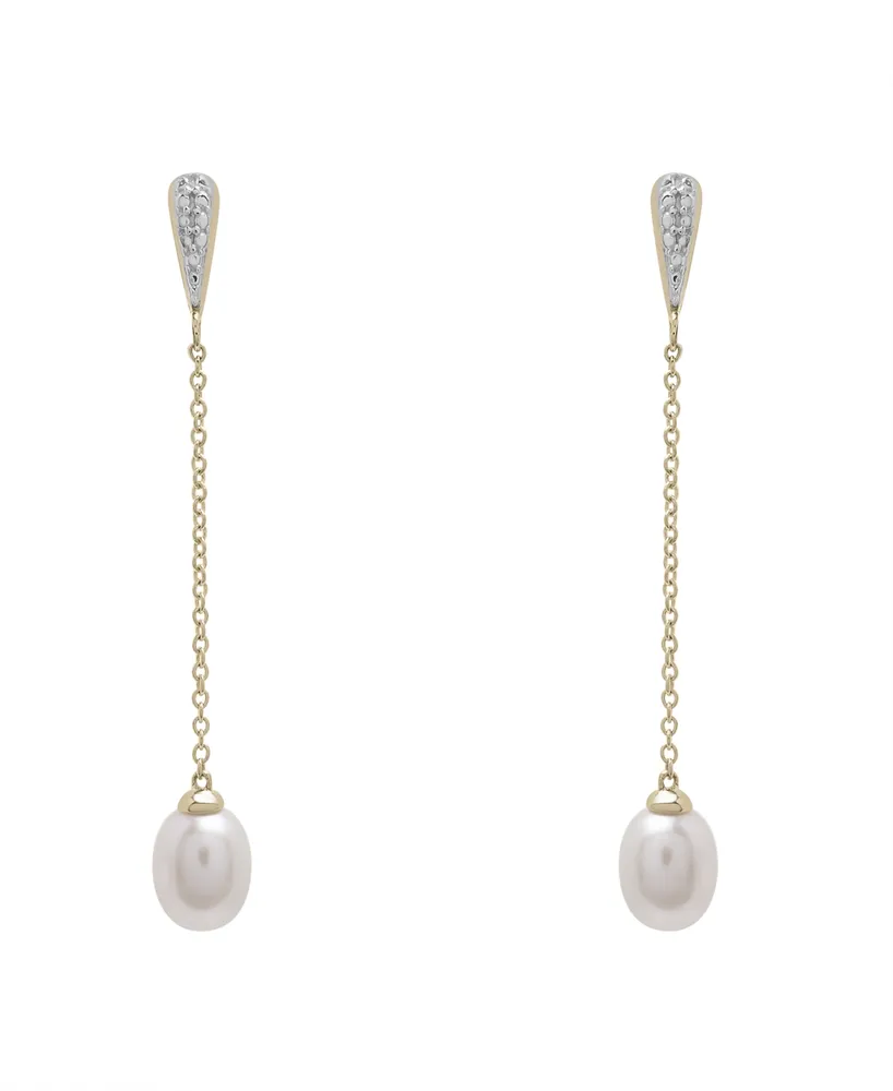 Cultured Freshwater Pearl (8x6mm) Long Earrings in 14K Yellow Gold