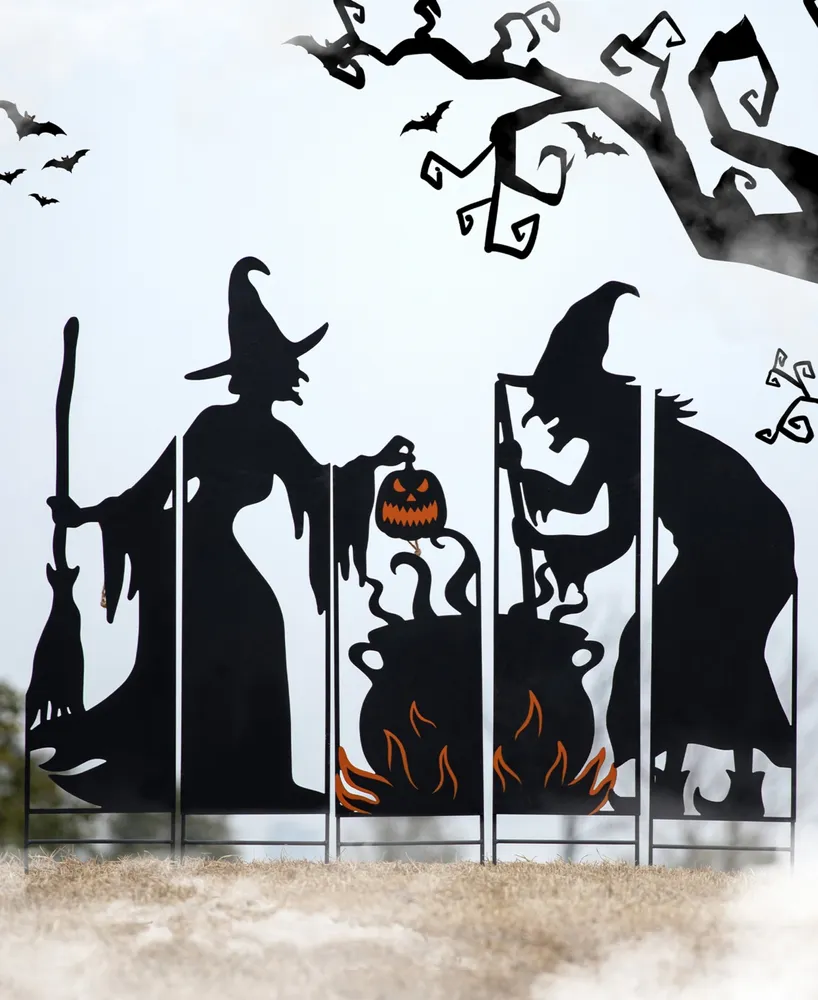 Glitzhome 34.5" Halloween Metal Silhouette Witches with Cauldron Yard Stake Set, 5 Piece
