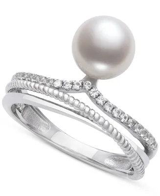 Belle de Mer Cultured Freshwater Button Pearl (7mm) & Lab-Created White Sapphire (1/4 ct. t.w.) Multirow Statement Ring