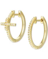 White Topaz Cross Mismatch Small Hoop Earrings (1/5 ct. t.w.) in Gold-Plated Sterling Silver, 0.75"