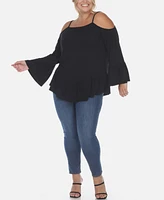 White Mark Plus Cold Shoulder Ruffle Sleeve Top