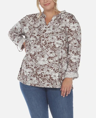 White Mark Plus Pleated Long Sleeve Floral Print Blouse