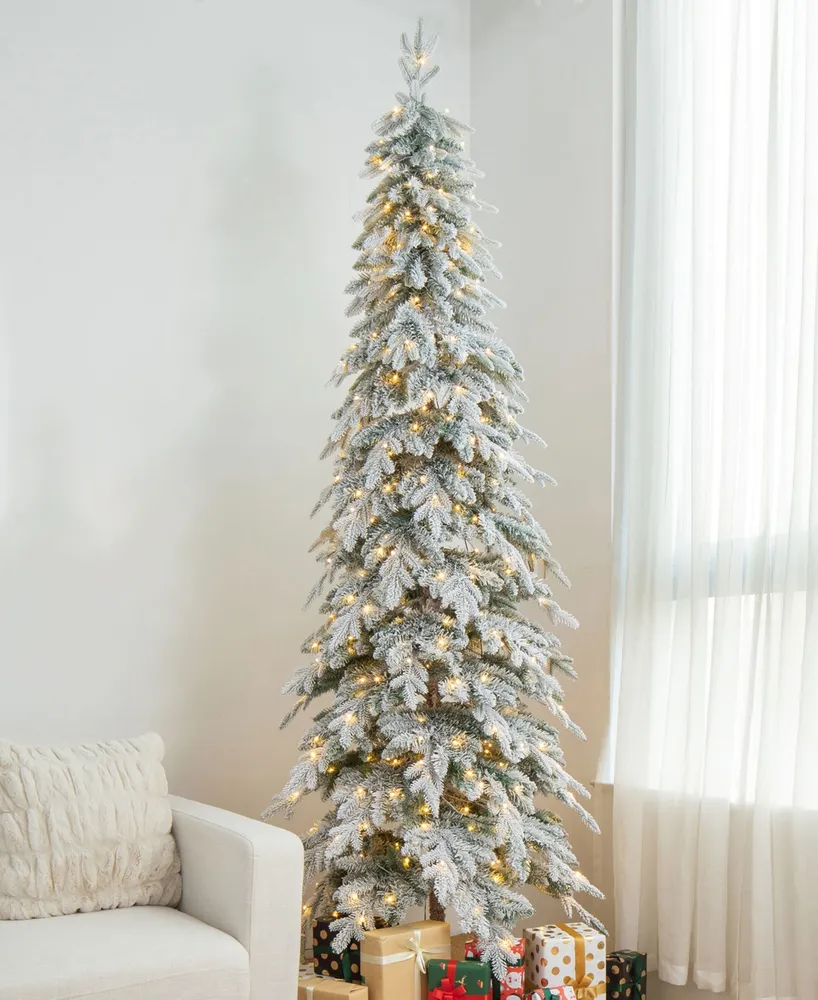 Glitzhome 9' Pre-Lit Flocked Pencil Spruce Artificial Christmas Tree with 470 Warm White Lights