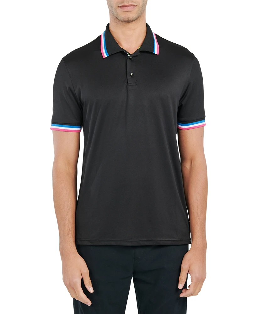 Society Of Threads Men's Slim-Fit Stretch Tipped Black Solid Polo