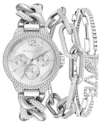 Kendall + Kylie Women's Silver-Tone Metal Alloy Bracelet Watch 35mm Gift Set 2 Piece - Silver