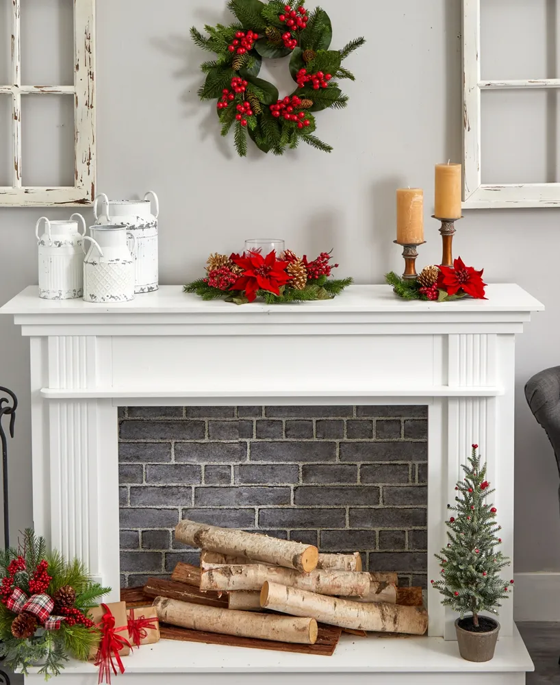 Nearly Natural Poinsettia, Berry and Golden Pine Cone Candelabrum Artificial Arrangement