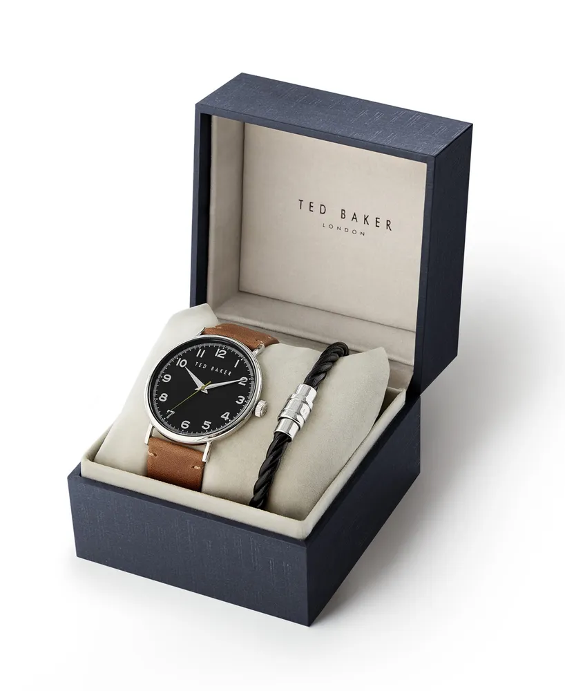 Ted Baker Men's Phylipa Brown Leather Strap Watch 43mm and Bracelet Gift Set, 2 Pieces