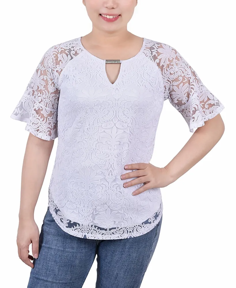 Petite Short Bell Sleeve Lace Blouse