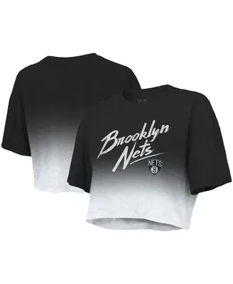 Women's Majestic Threads Black, White Brooklyn Nets Dirty Dribble Tri-Blend Cropped T-shirt