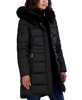 Tahari Womens Velvet Bibbed Faux-Fur Hooded Puffer Coat