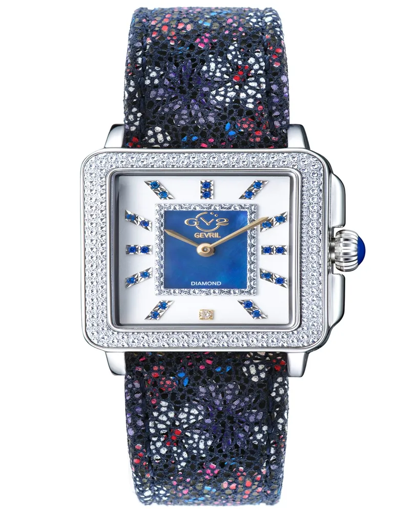 Gevril Women's Padova Gemstone Floral Swiss Quartz Italian Blue Leather Strap Watch 30mm