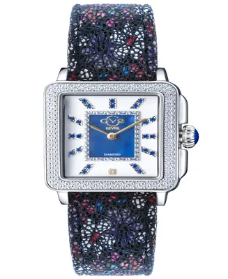 Gevril Women's Padova Gemstone Floral Swiss Quartz Italian Blue Leather Strap Watch 30mm - Silver