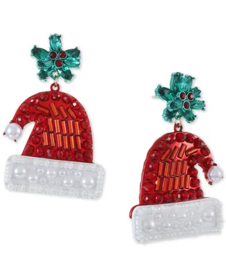 Holiday Lane Gold-Tone Crystal & Imitation Pearl Santa Hat Drop Earrings, Created for Macy's