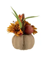 Mixed Autumn Harvest Flora in a Pumpkin Basket Decoration, 9"
