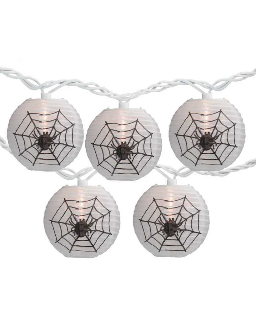 Black Spider In Web Paper Lantern 10 Piece Halloween Lights with 8.5' White Wire Set