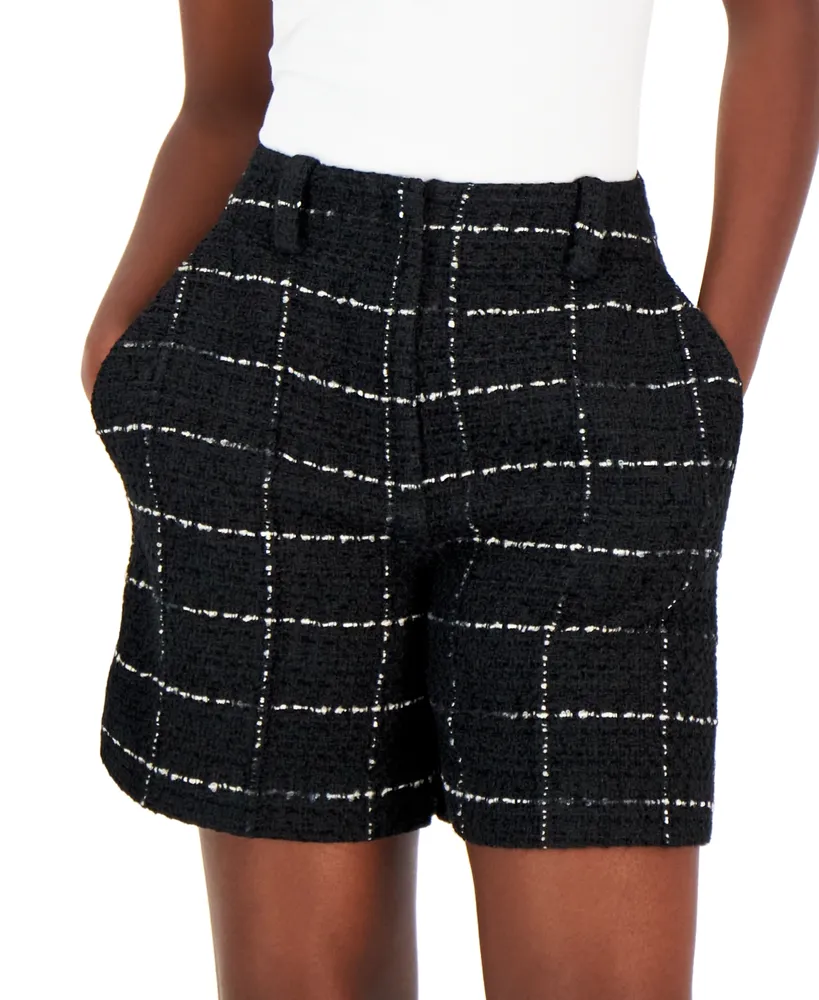 Women's Windowpane Tweed High Rise Straight Shorts