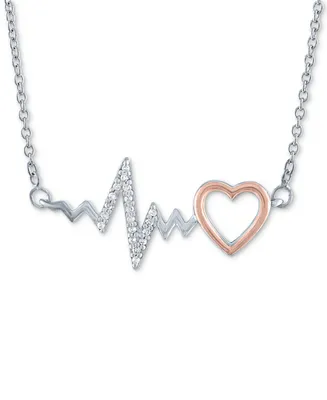 Diamond Accent Heartbeat Heart Pendant Necklace in Sterling Silver & 14k Rose Gold-Plate, 16" + 2" extender